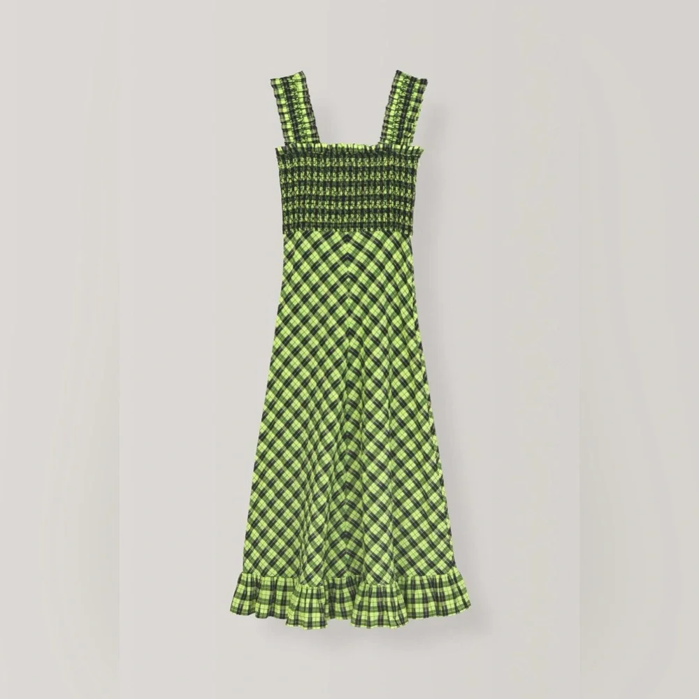 GANNI Seersucker Check Maxi Dress in green - Picture 9 of 13